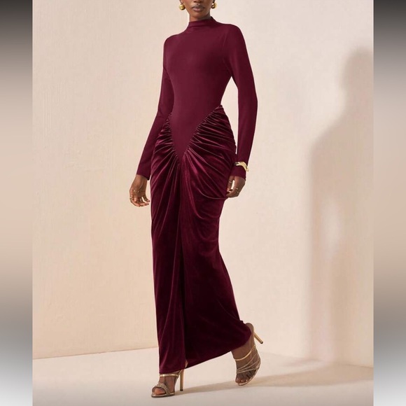 Burgundy long sleeve ruched velvet combination contrast maxi long sleeve dress - Picture 4 of 6
